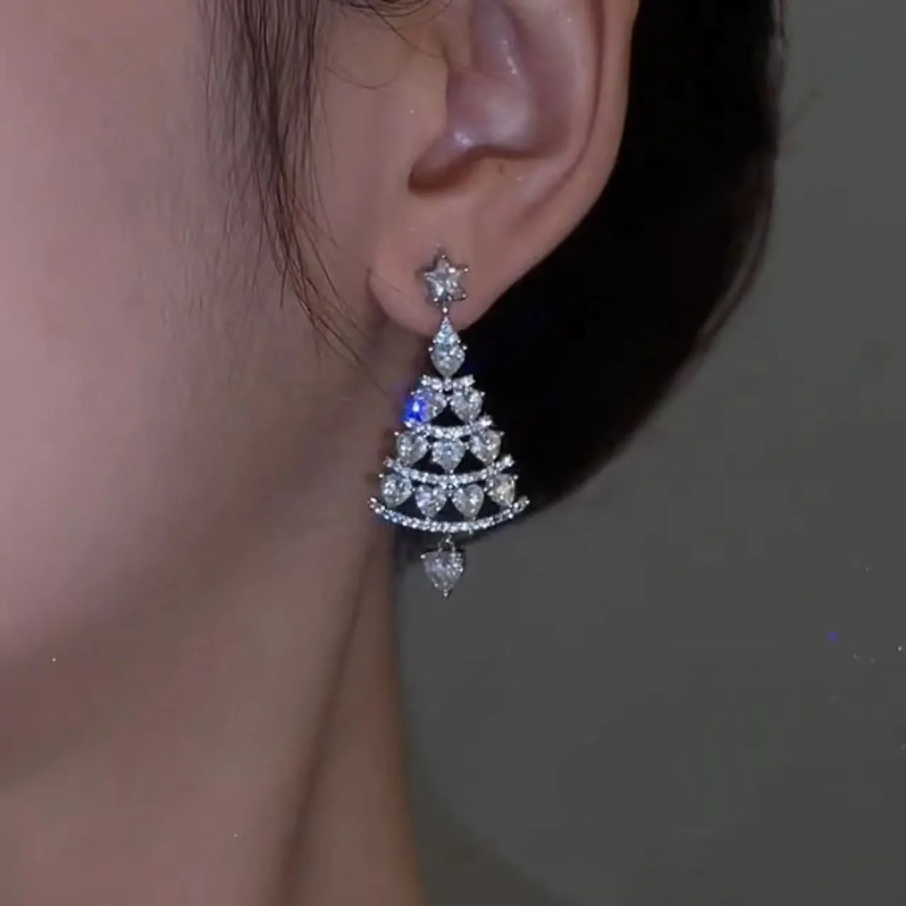 Women's silver needle Christmas tree earrings alloy electroplated geometric drop earrings with bell detail