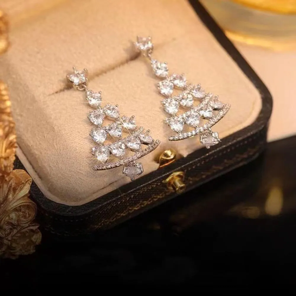 Women's silver needle Christmas tree earrings alloy electroplated geometric drop earrings with bell detail