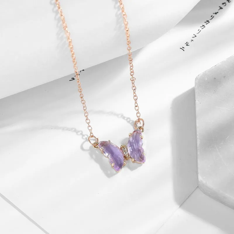 Crystal glass butterfly pendant necklace on water wave chain in blue colour, adjustable 51-80cm