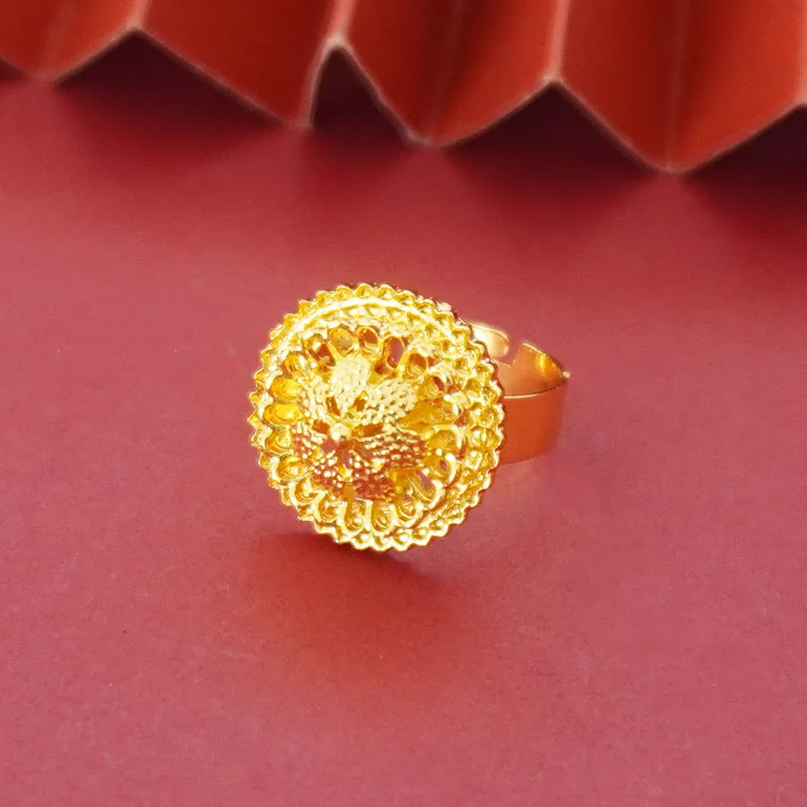 Gold-plated three-piece jewellery set with floral designs showing necklace, earrings, and ring