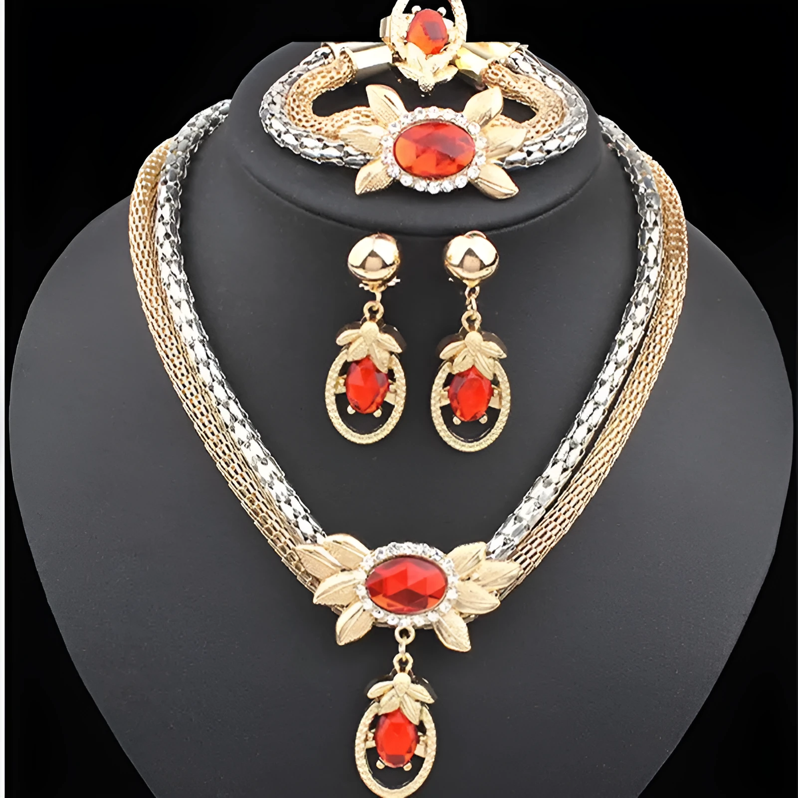 Bridal alloy four piece double colour crystal flower necklace earrings bracelet ring set model 9132