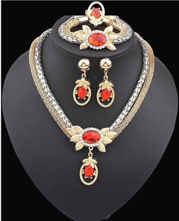 Bridal alloy four piece double colour crystal flower necklace earrings bracelet ring set model 9132