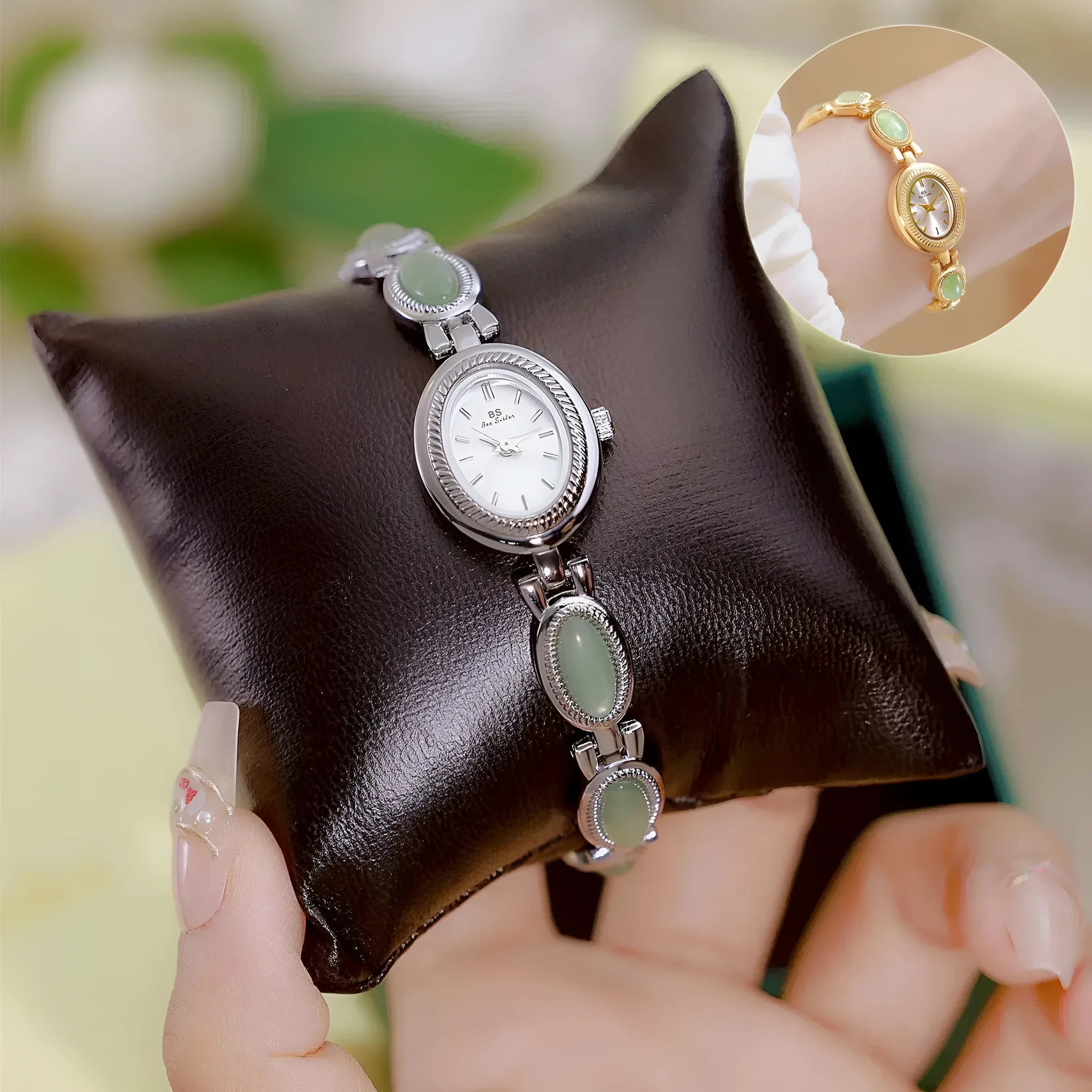 Women's bracelet watch with oval alloy case, natural stone inlay, and mineral glass dial.