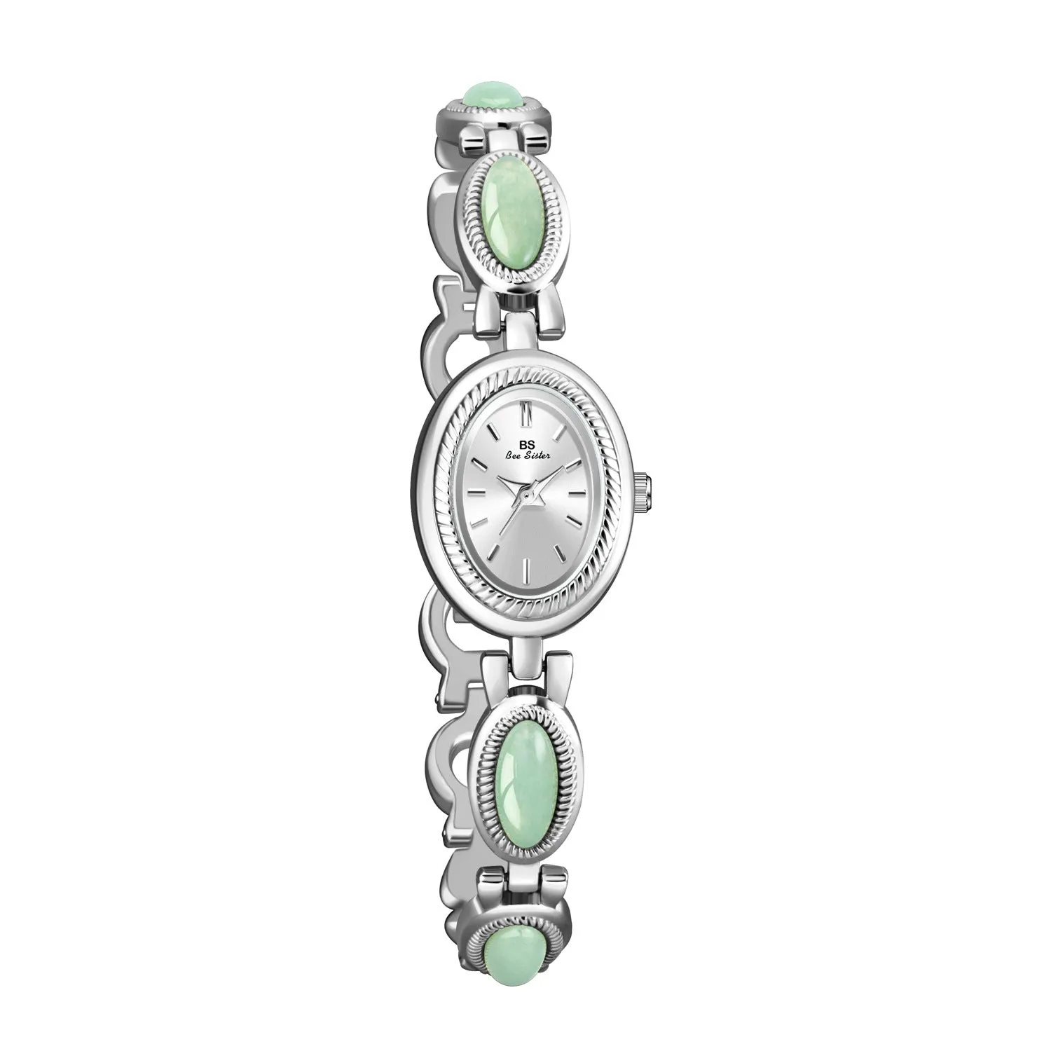Women's bracelet watch with oval alloy case, natural stone inlay, and mineral glass dial.