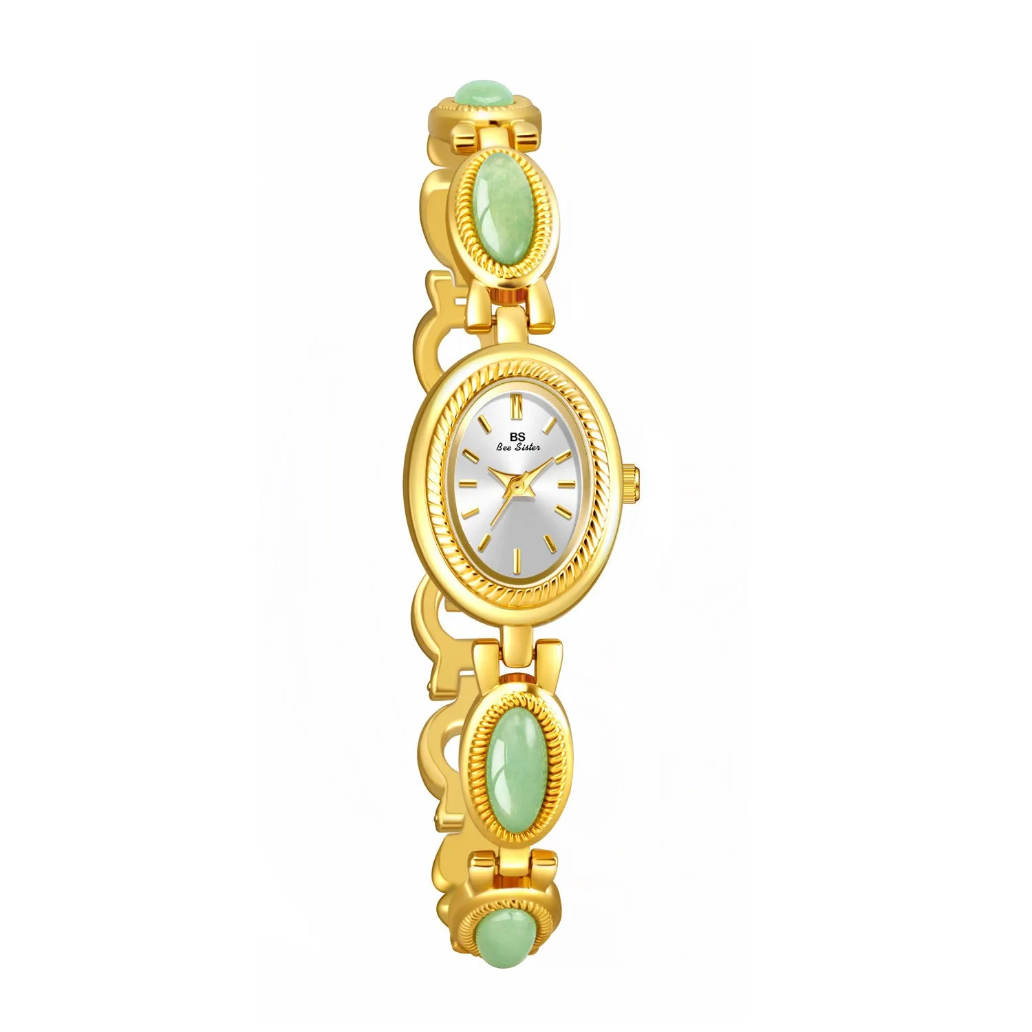 Women's bracelet watch with oval alloy case, natural stone inlay, and mineral glass dial.