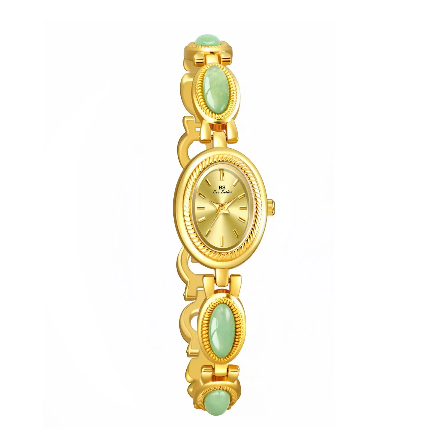 Women's bracelet watch with oval alloy case, natural stone inlay, and mineral glass dial.