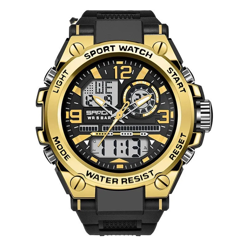 Trendy digital waterproof electronic watch with round dial, zinc alloy case, acrylic mirror, men's multifunctional timepiece