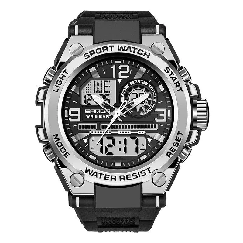 Trendy digital waterproof electronic watch with round dial, zinc alloy case, acrylic mirror, men's multifunctional timepiece