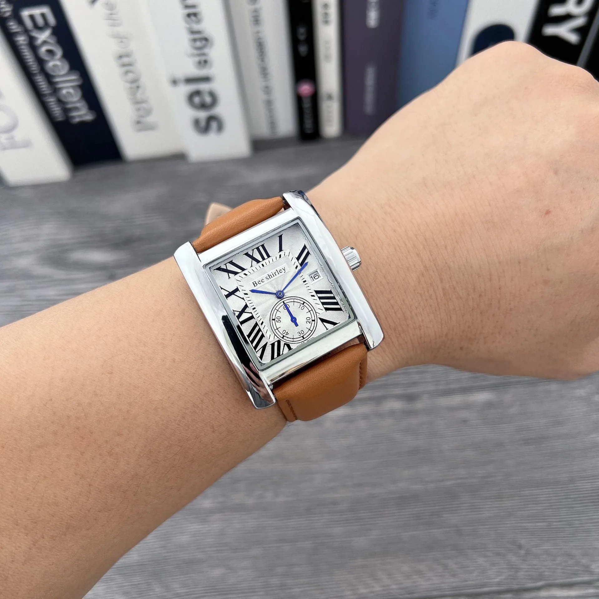 Square quartz watch for men with 36mm dial, silver alloy case, black bamboo joint PU strap, and stainless steel needle buckle