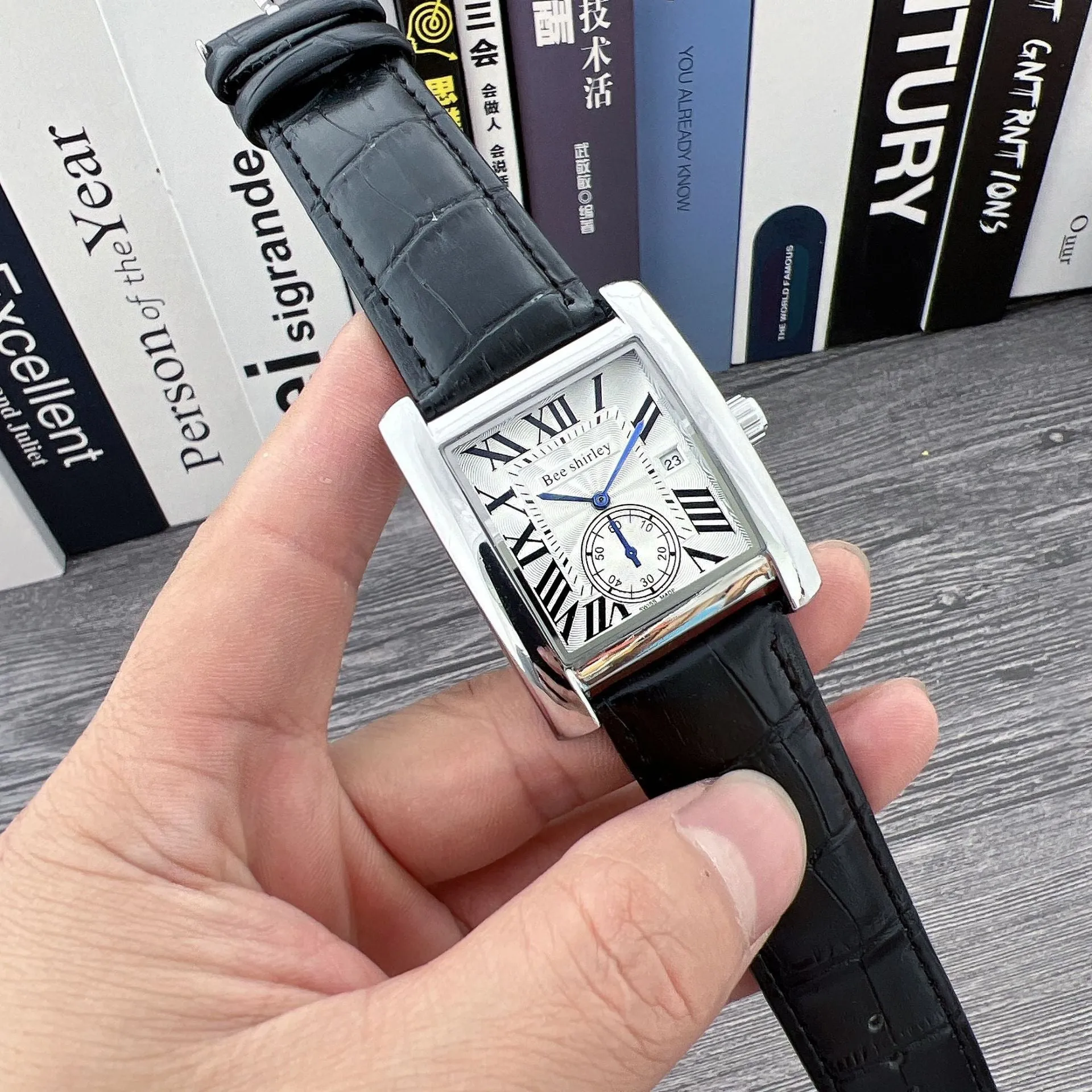 Square quartz watch for men with 36mm dial, silver alloy case, black bamboo joint PU strap, and stainless steel needle buckle