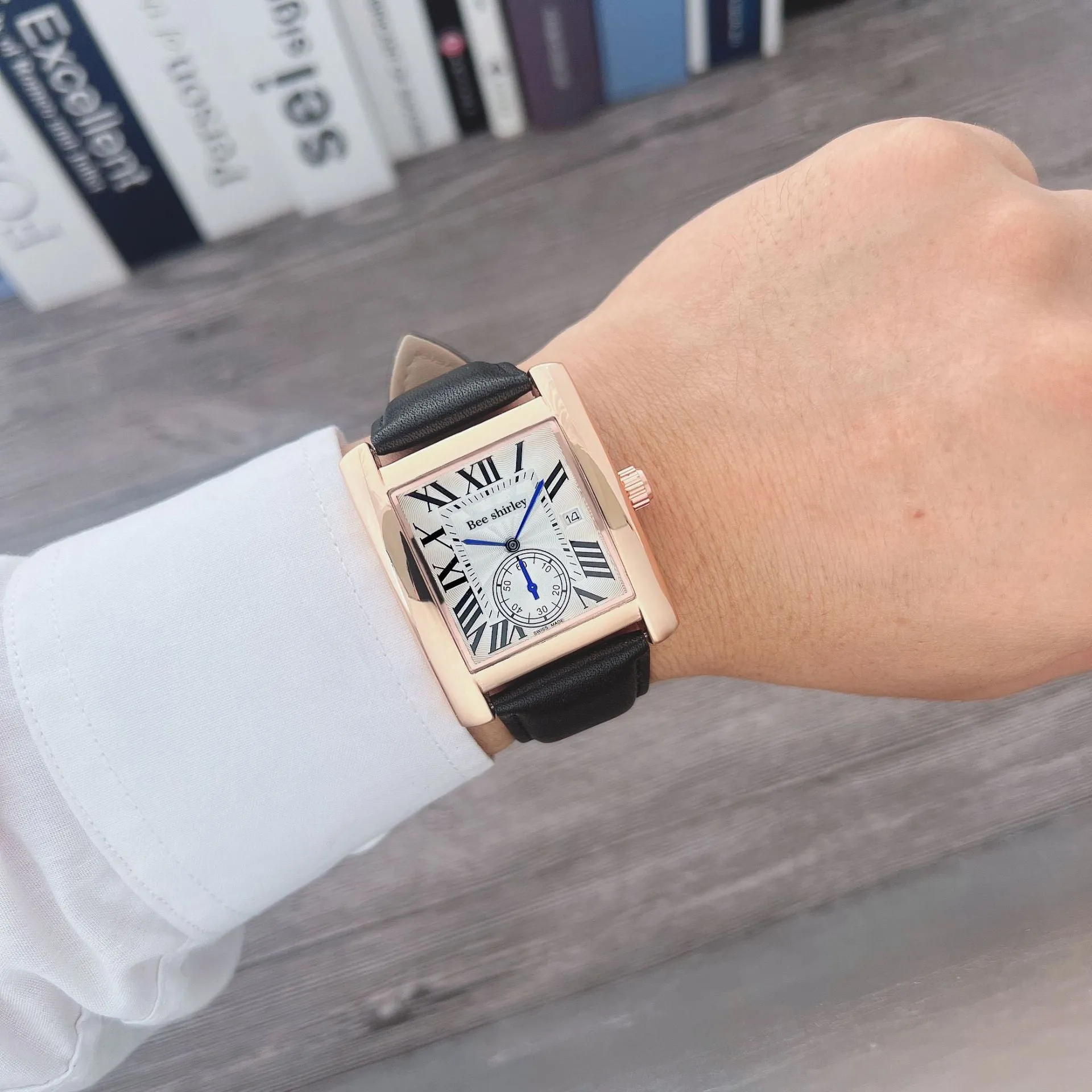 Square quartz watch for men with 36mm dial, silver alloy case, black bamboo joint PU strap, and stainless steel needle buckle