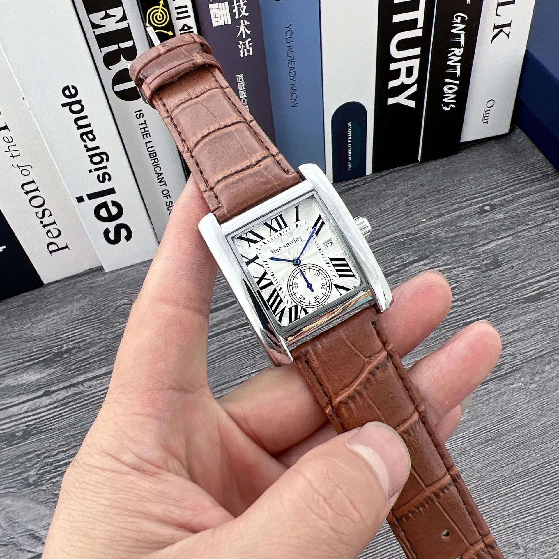 Square quartz watch for men with 36mm dial, silver alloy case, black bamboo joint PU strap, and stainless steel needle buckle