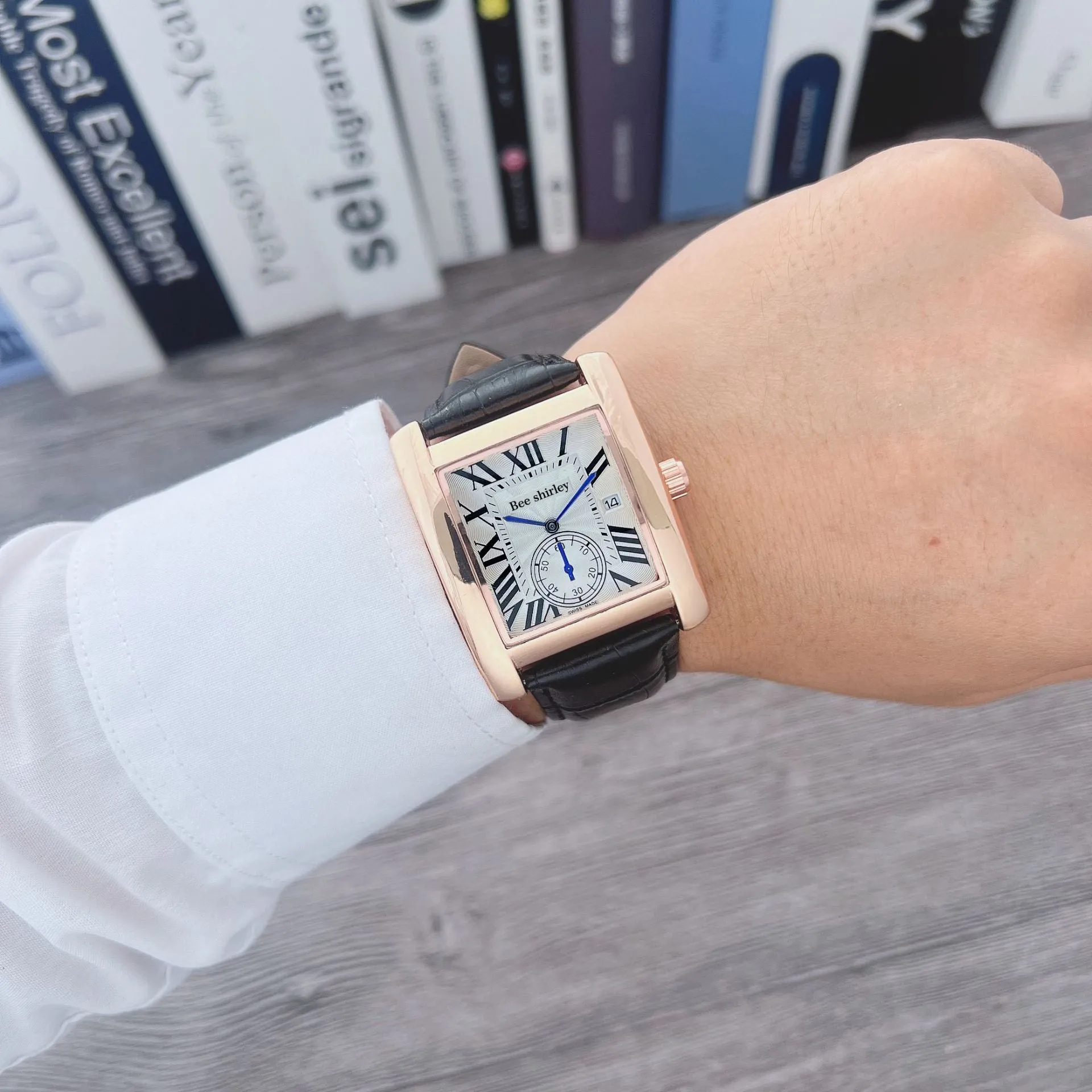 Square quartz watch for men with 36mm dial, silver alloy case, black bamboo joint PU strap, and stainless steel needle buckle