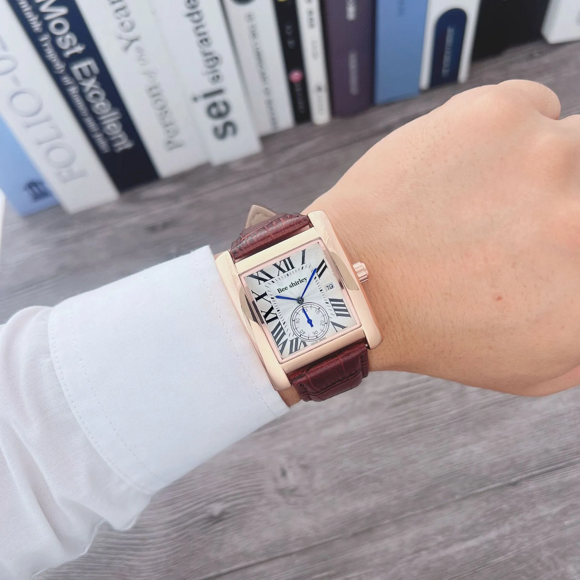 Square quartz watch for men with 36mm dial, silver alloy case, black bamboo joint PU strap, and stainless steel needle buckle