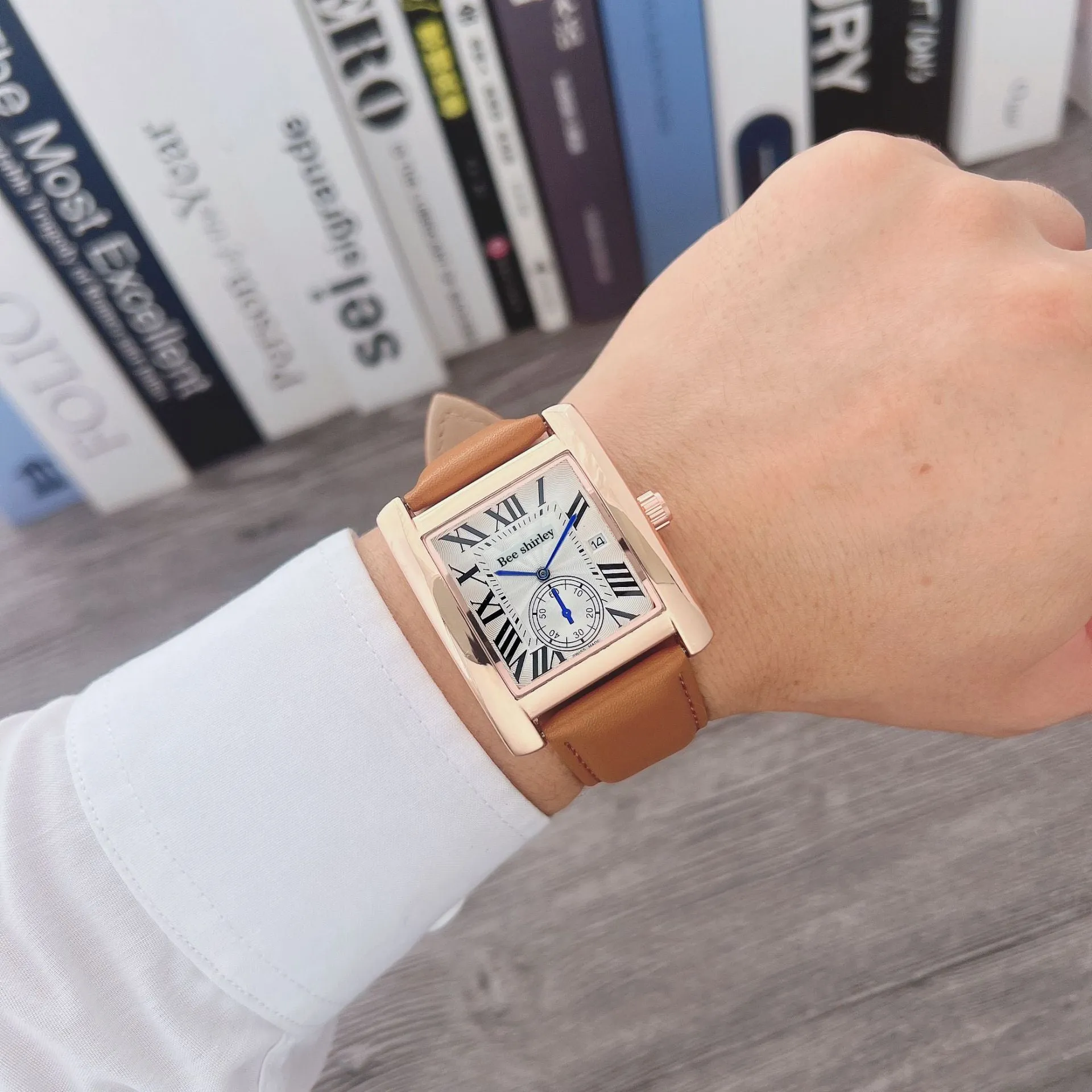 Square quartz watch for men with 36mm dial, silver alloy case, black bamboo joint PU strap, and stainless steel needle buckle