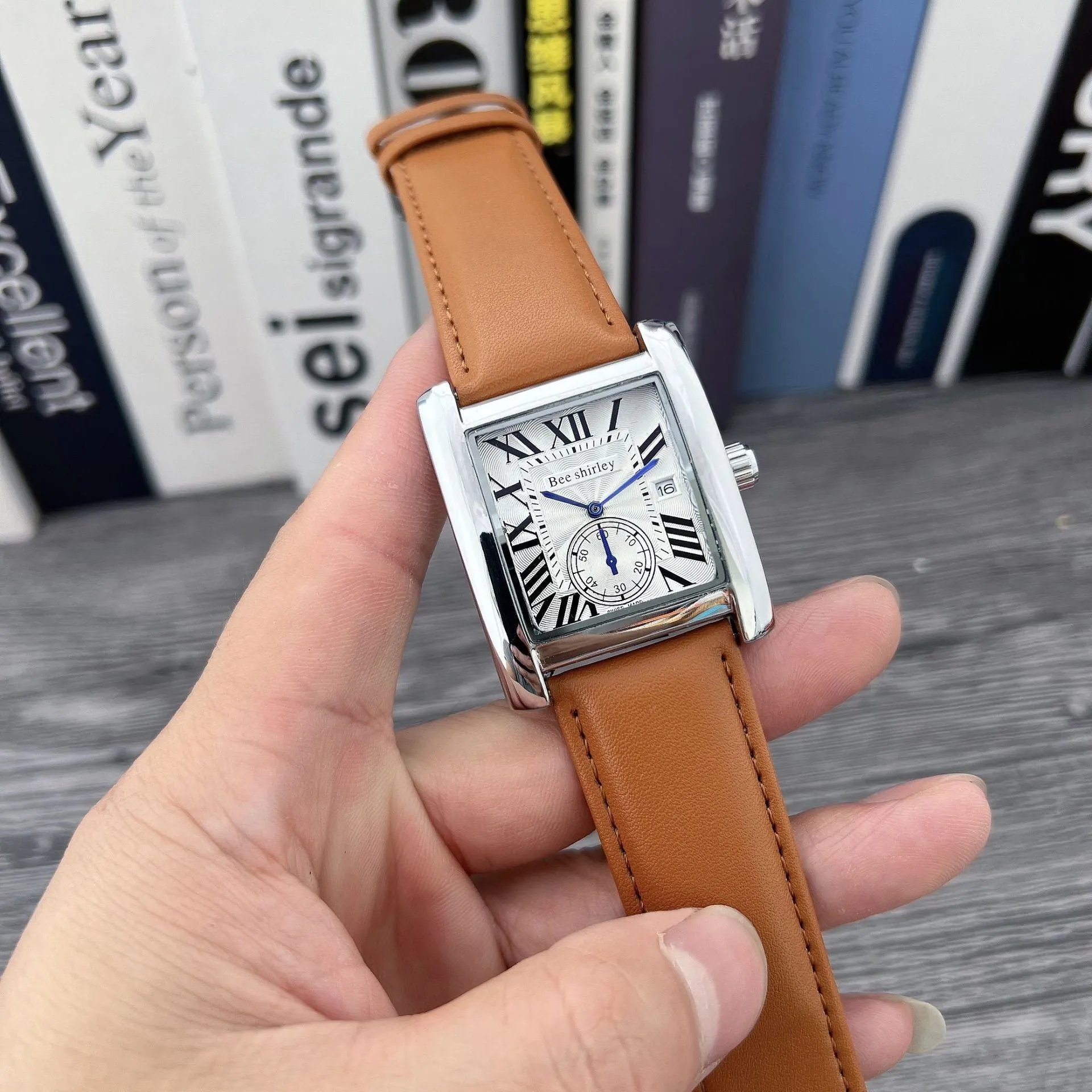 Square quartz watch for men with 36mm dial, silver alloy case, black bamboo joint PU strap, and stainless steel needle buckle