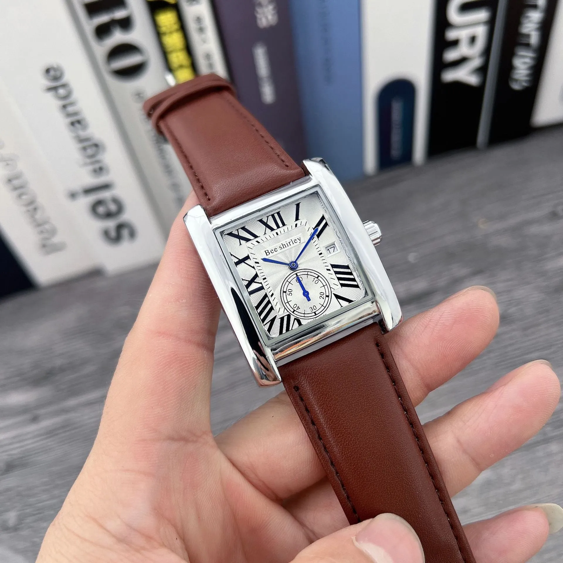 Square quartz watch for men with 36mm dial, silver alloy case, black bamboo joint PU strap, and stainless steel needle buckle