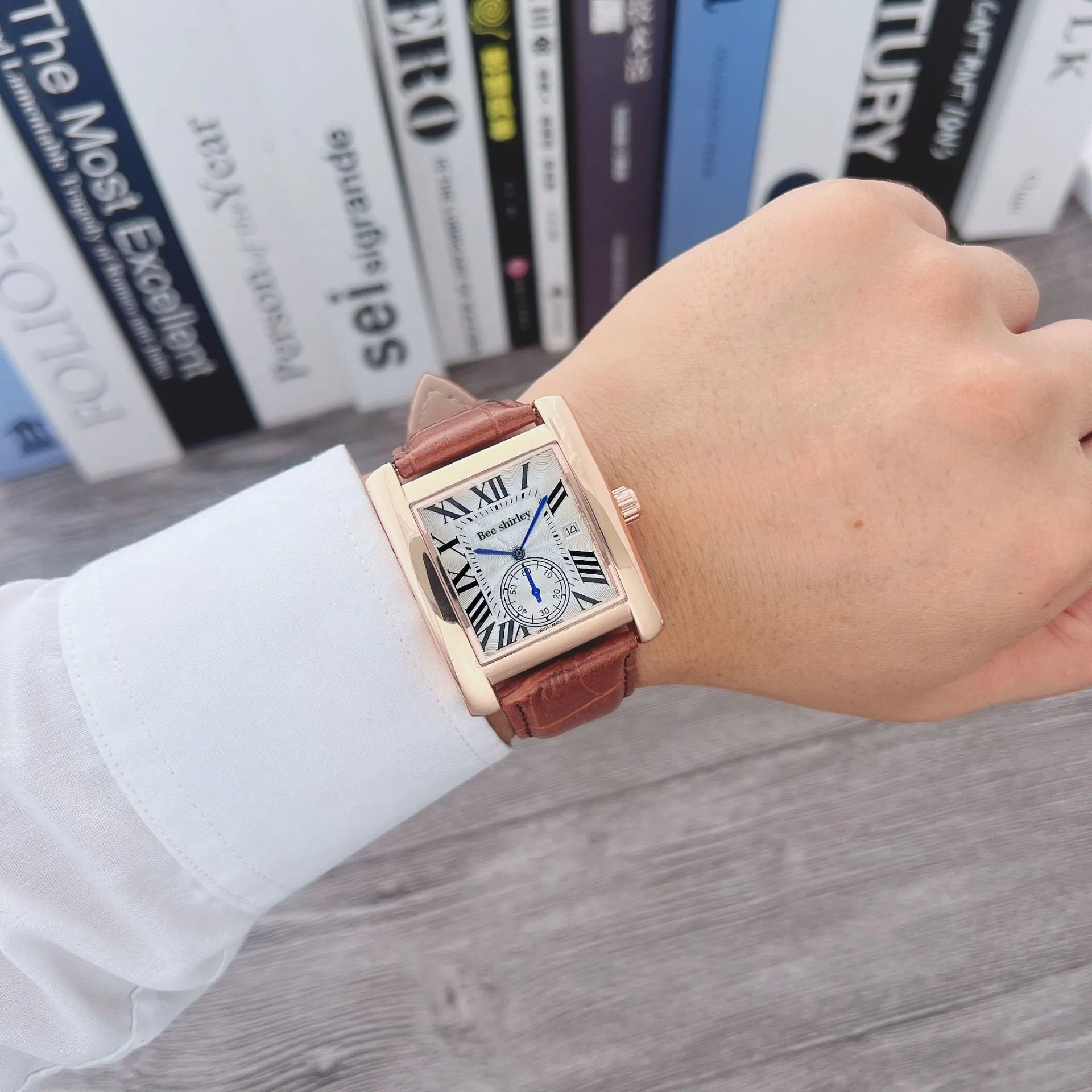 Square quartz watch for men with 36mm dial, silver alloy case, black bamboo joint PU strap, and stainless steel needle buckle