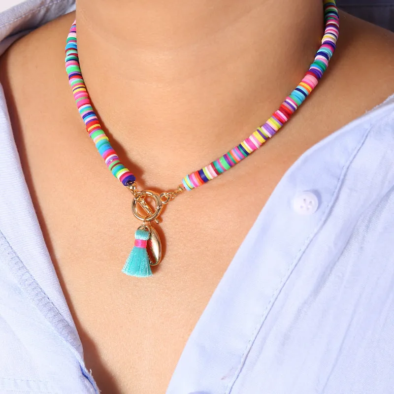 Bohemian shell necklace with tassel for women, 40cm adjustable chain, blue colour option