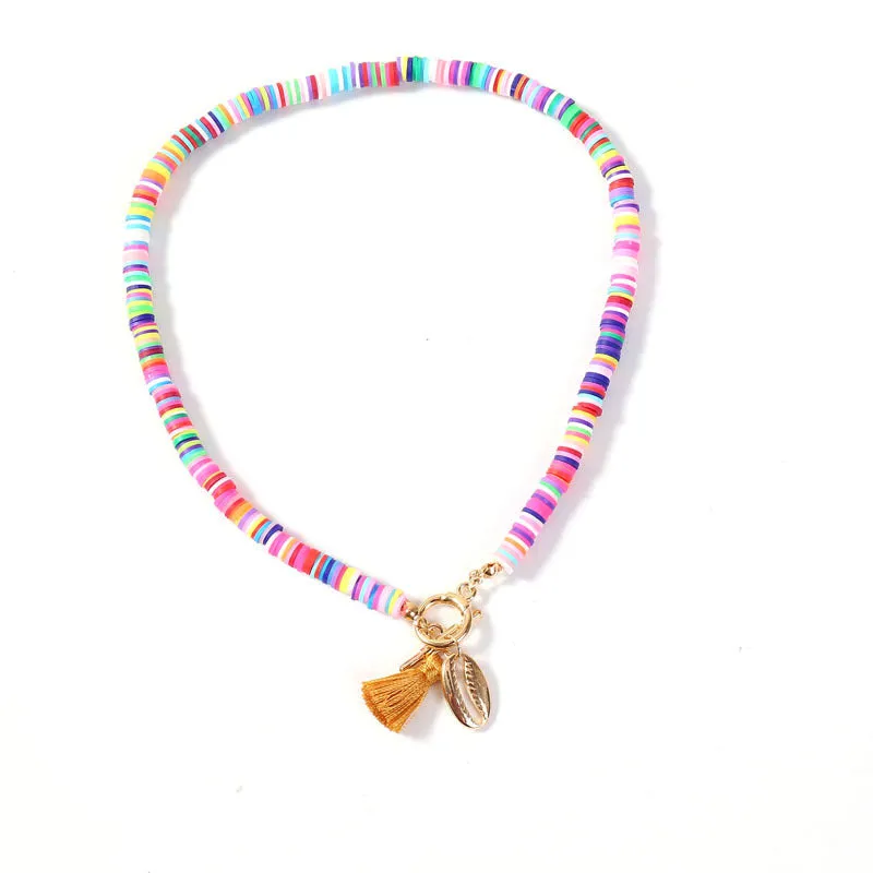 Bohemian shell necklace with tassel for women, 40cm adjustable chain, blue colour option
