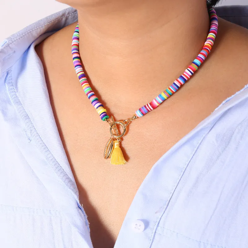 Bohemian shell necklace with tassel for women, 40cm adjustable chain, blue colour option