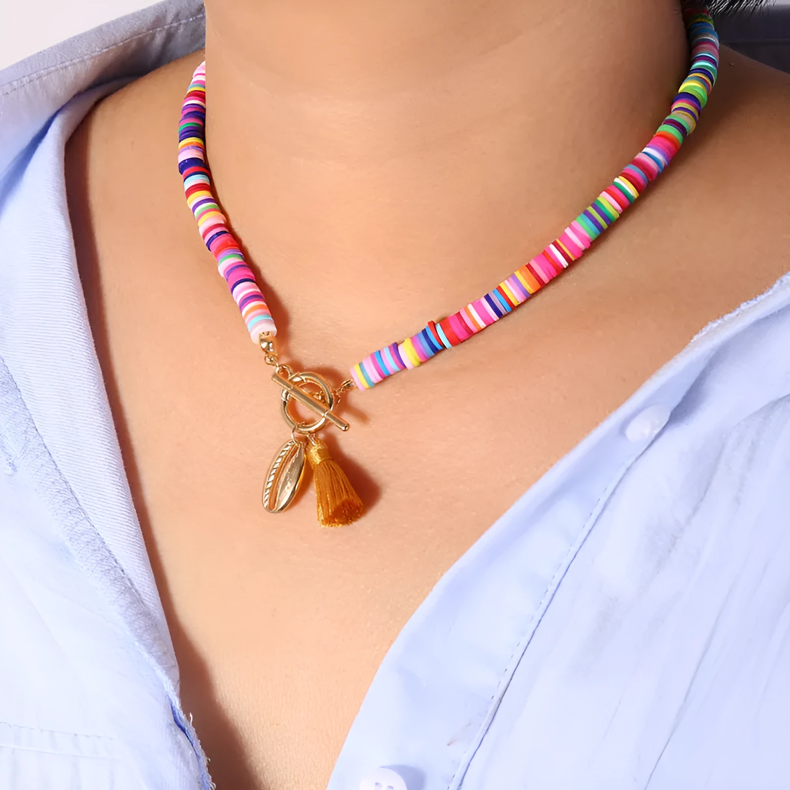 Bohemian shell necklace with tassel for women, 40cm adjustable chain, blue colour option