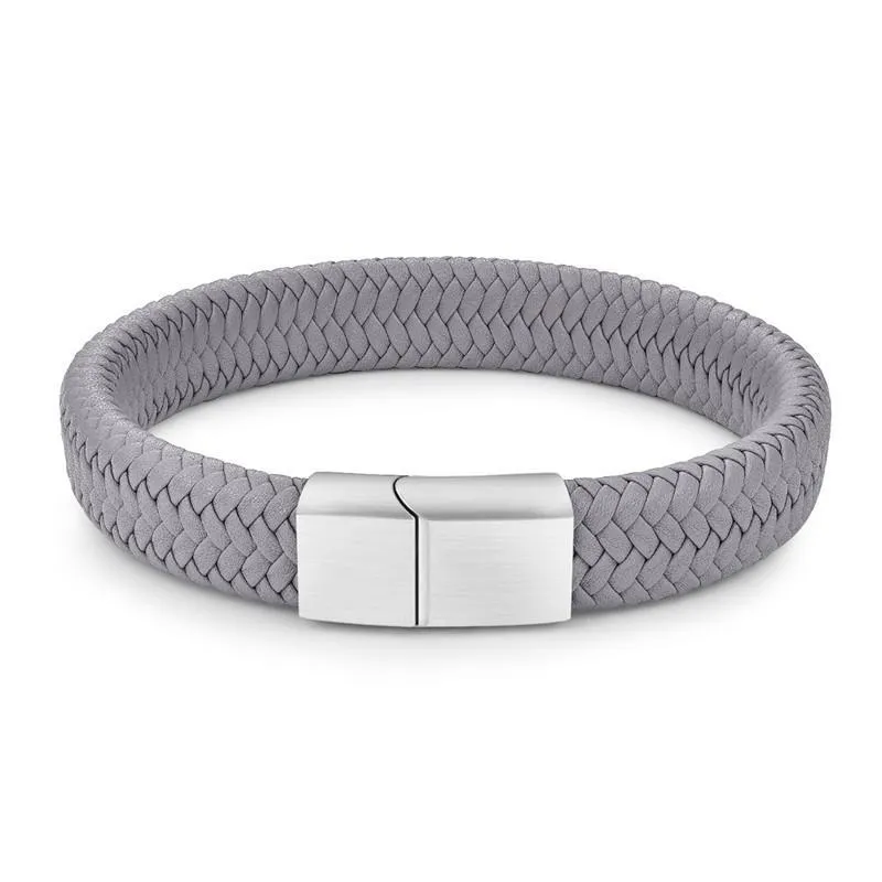 Classic men's genuine leather bracelet in black with 20.5cm length on a neutral background