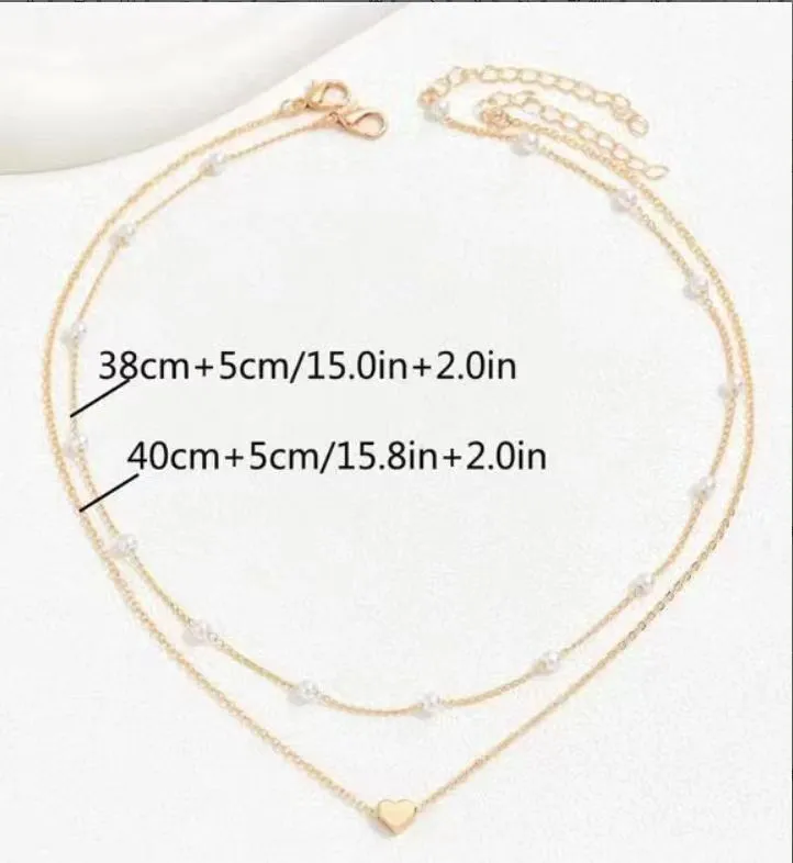 Gold alloy heart shape twin pearl pendant necklace on pearl chain for women, ins style, adjustable 31-40cm