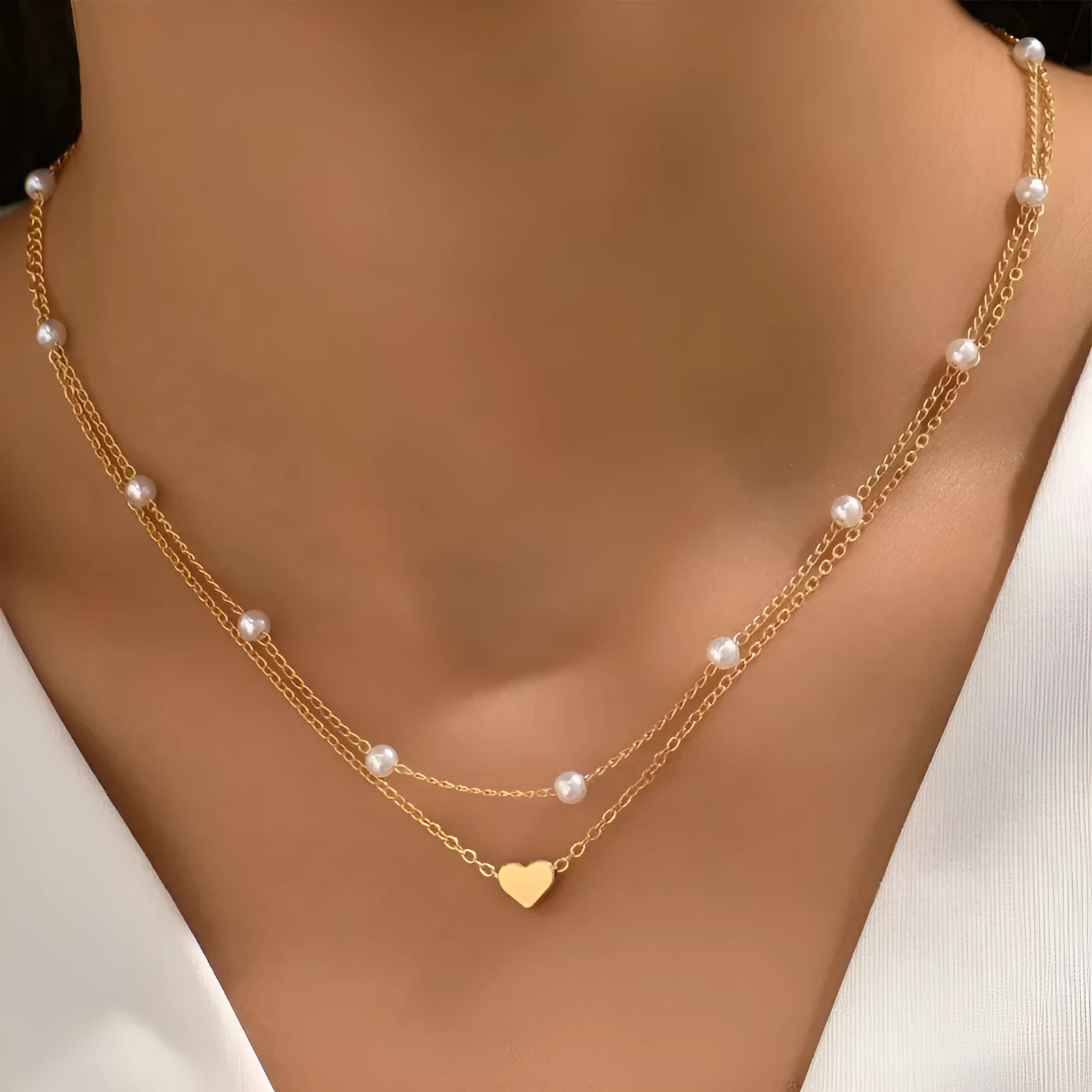 Gold alloy heart shape twin pearl pendant necklace on pearl chain for women, ins style, adjustable 31-40cm