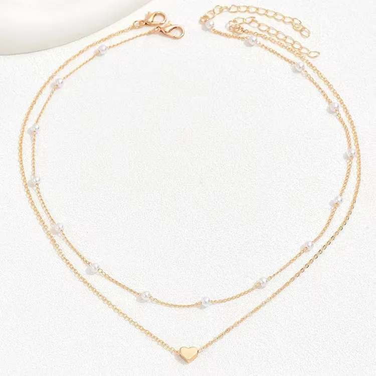 Gold alloy heart shape twin pearl pendant necklace on pearl chain for women, ins style, adjustable 31-40cm