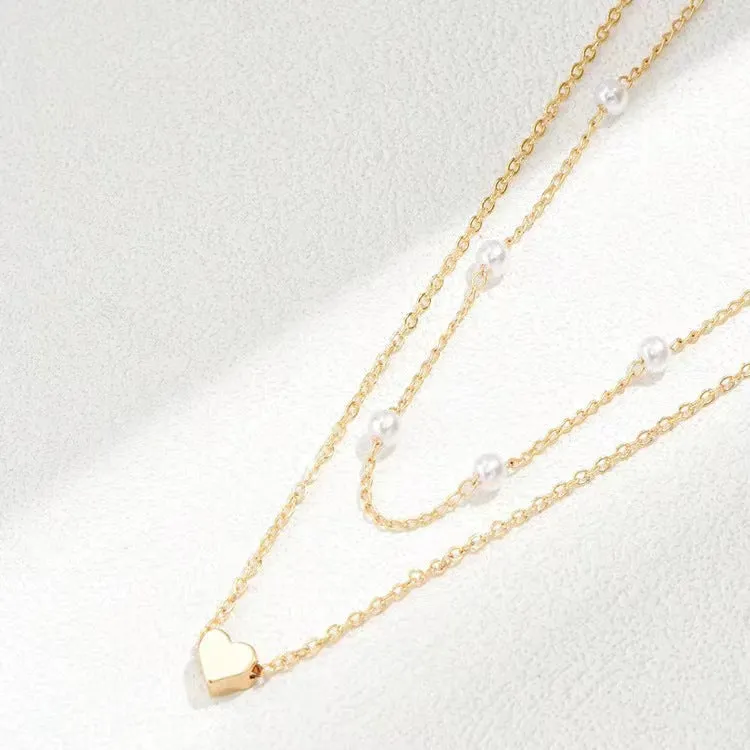 Gold alloy heart shape twin pearl pendant necklace on pearl chain for women, ins style, adjustable 31-40cm