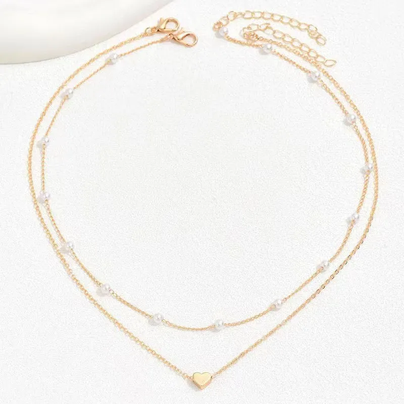 Gold alloy heart shape twin pearl pendant necklace on pearl chain for women, ins style, adjustable 31-40cm