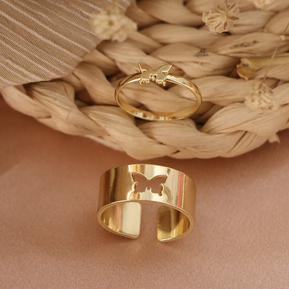 Gold and silver alloy electroplated butterfly ring set 2-piece adjustable open rings for couples