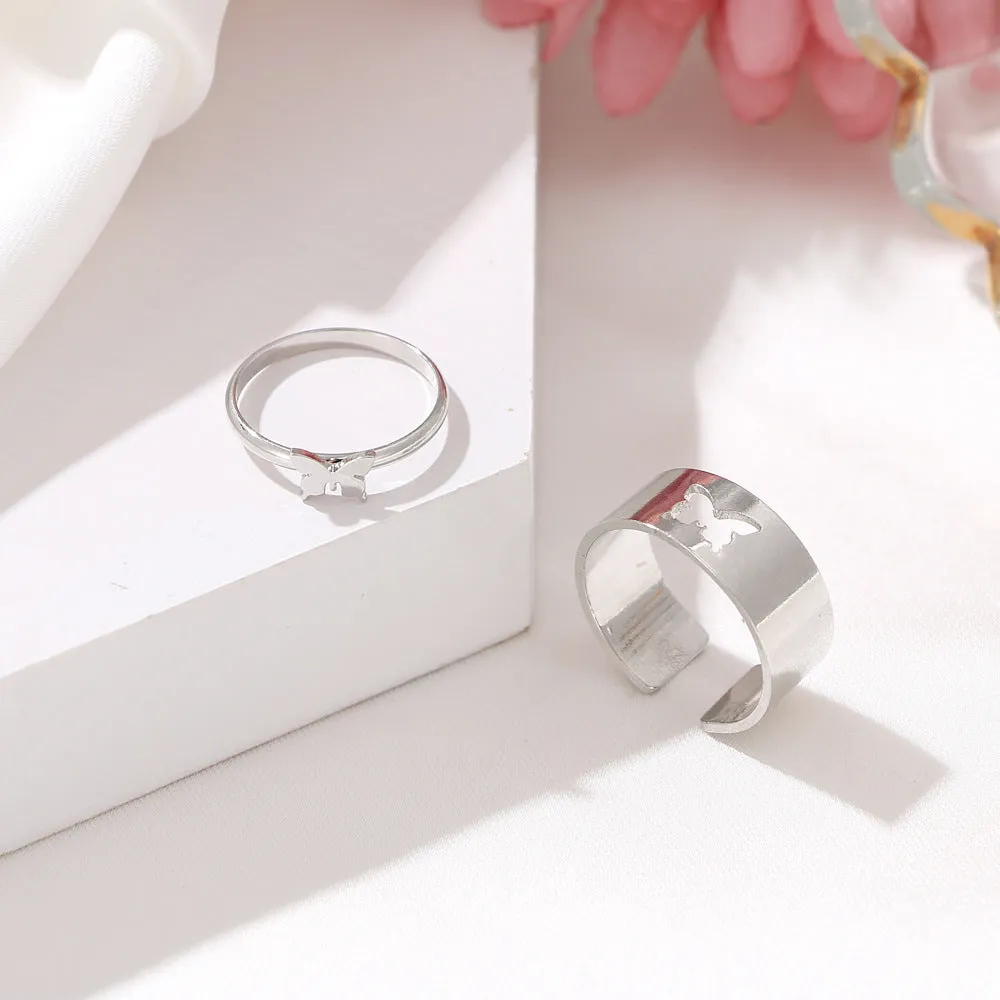 Gold and silver alloy electroplated butterfly ring set 2-piece adjustable open rings for couples