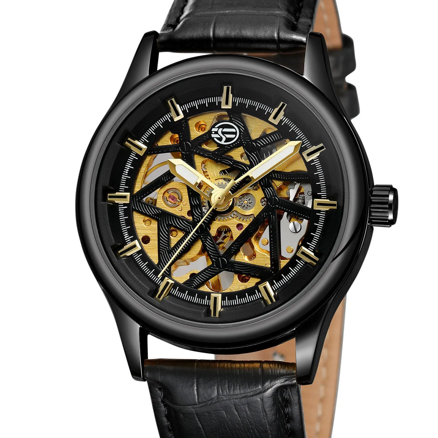 Forsining mens mechanical wrist watch with round alloy case, golden gear dial, and brown imitation leather strap on white background