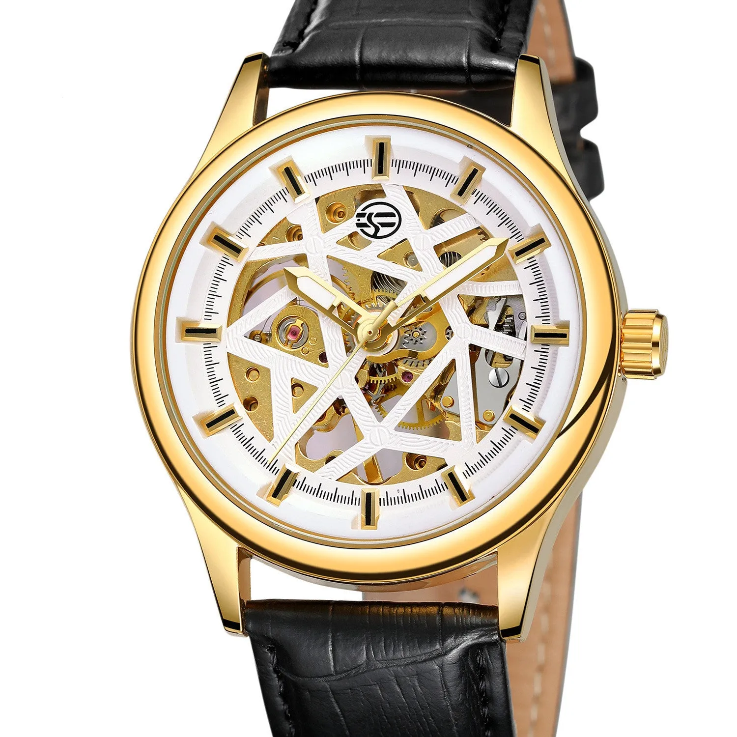 Forsining mens mechanical wrist watch with round alloy case, golden gear dial, and brown imitation leather strap on white background