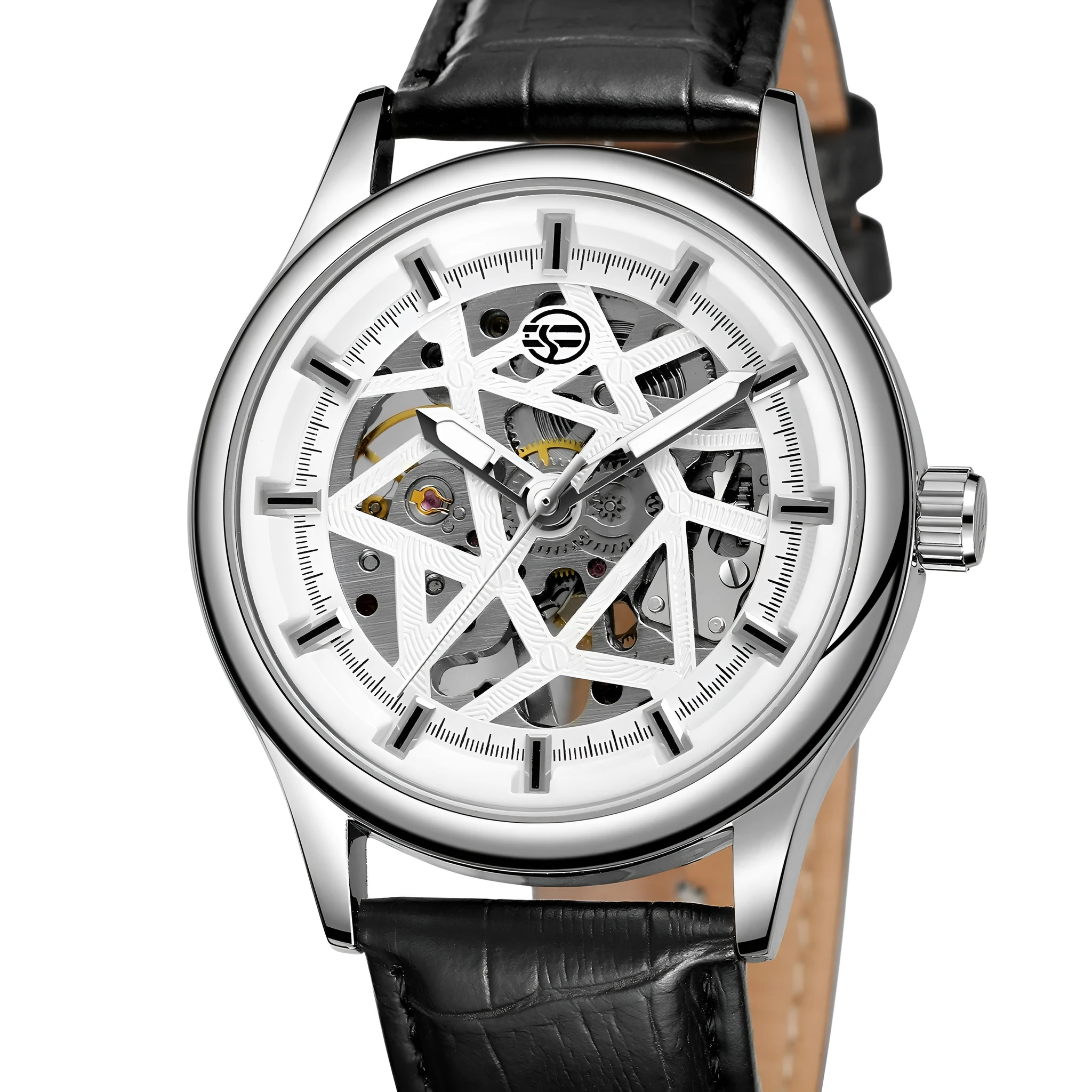Forsining mens mechanical wrist watch with round alloy case, golden gear dial, and brown imitation leather strap on white background