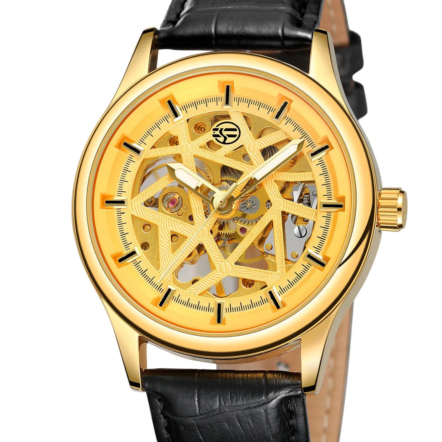 Forsining mens mechanical wrist watch with round alloy case, golden gear dial, and brown imitation leather strap on white background
