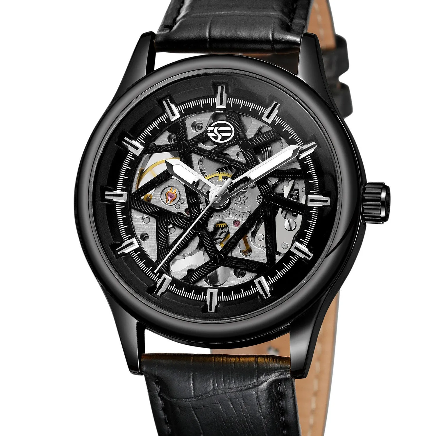 Forsining mens mechanical wrist watch with round alloy case, golden gear dial, and brown imitation leather strap on white background