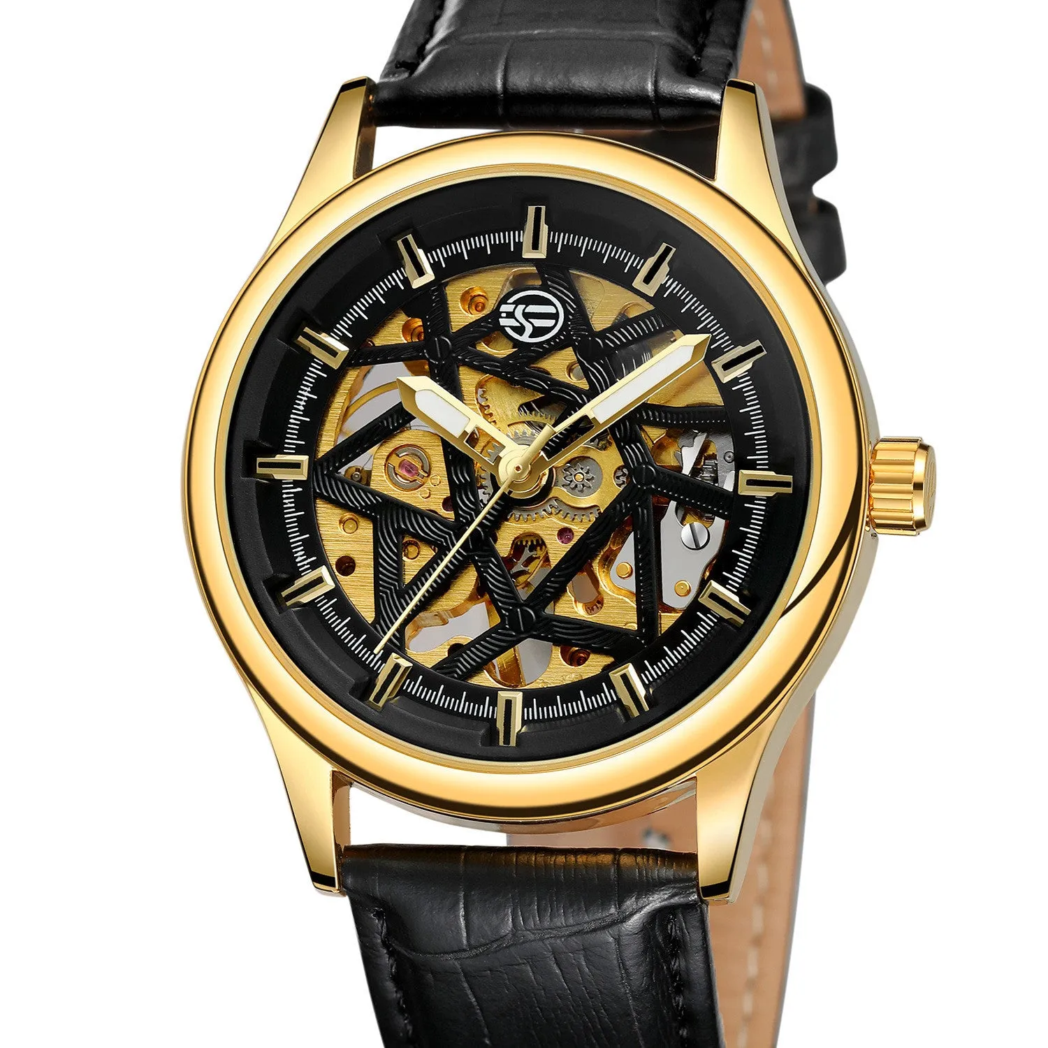 Forsining mens mechanical wrist watch with round alloy case, golden gear dial, and brown imitation leather strap on white background