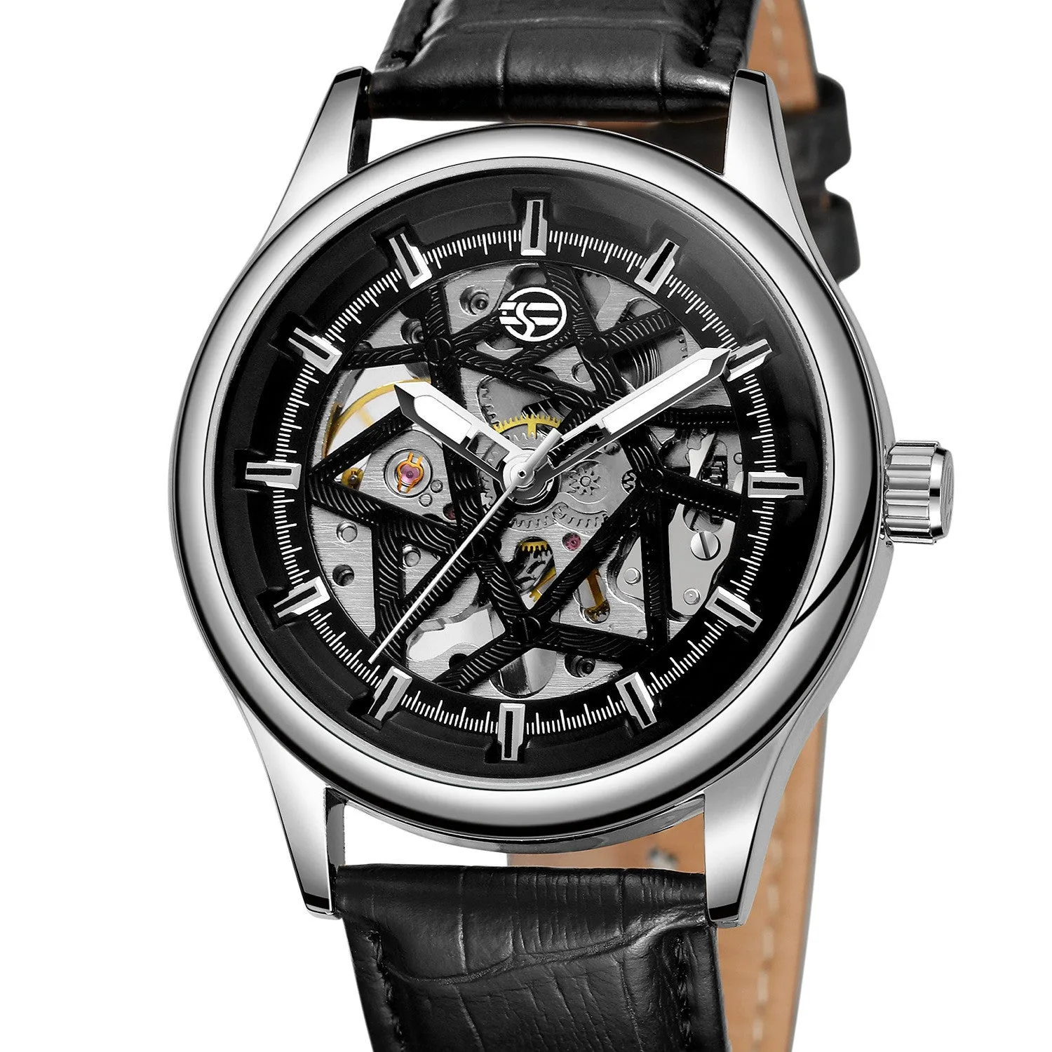 Forsining mens mechanical wrist watch with round alloy case, golden gear dial, and brown imitation leather strap on white background