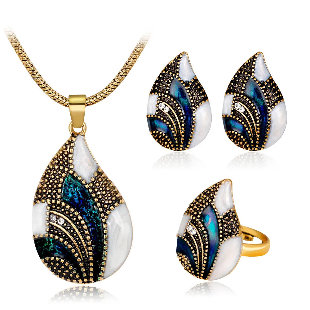 Water drop jewelry set including necklace, earrings, and ring in gold colour finish