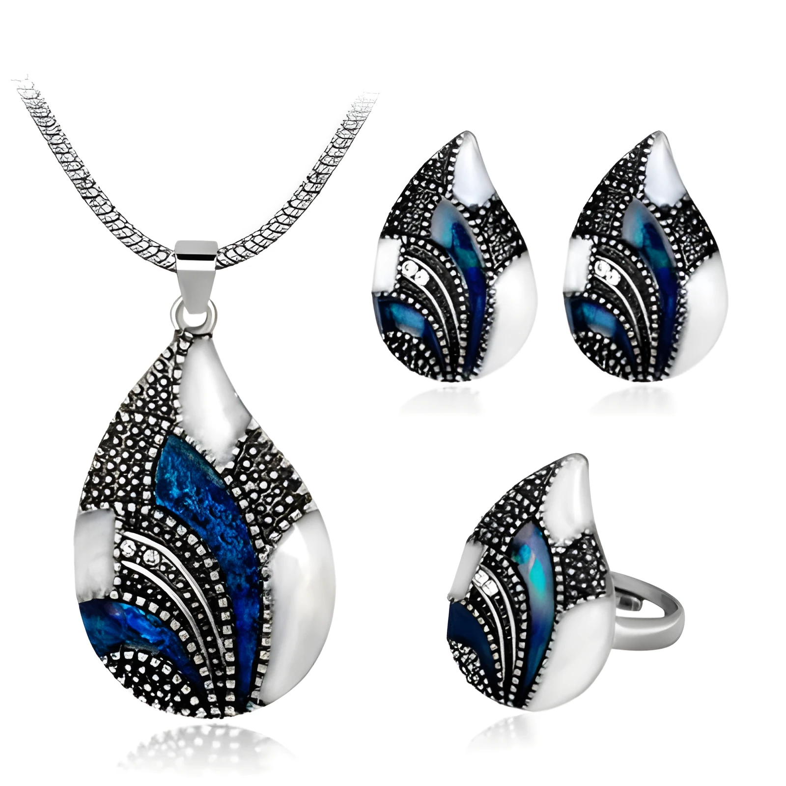 Water drop jewelry set including necklace, earrings, and ring in gold colour finish
