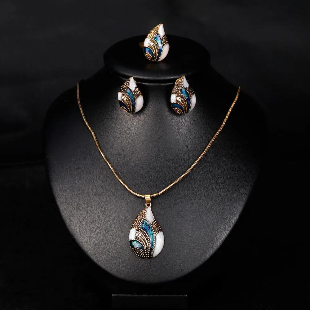 Water drop jewelry set including necklace, earrings, and ring in gold colour finish