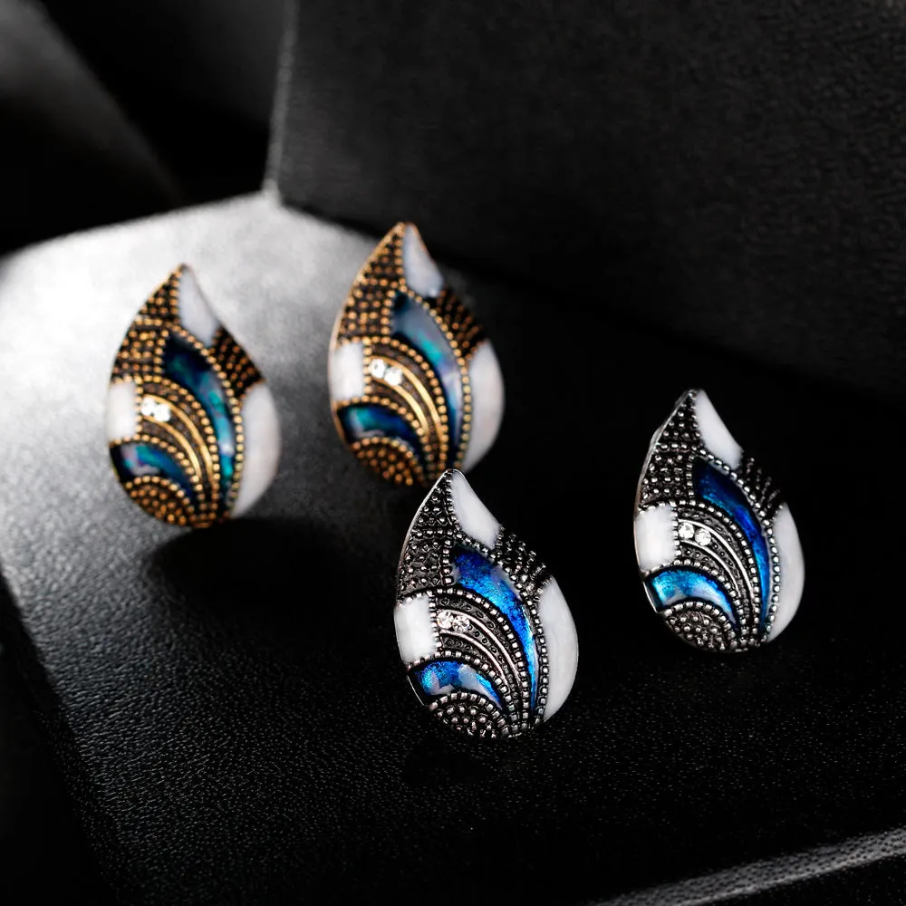 Water drop jewelry set including necklace, earrings, and ring in gold colour finish