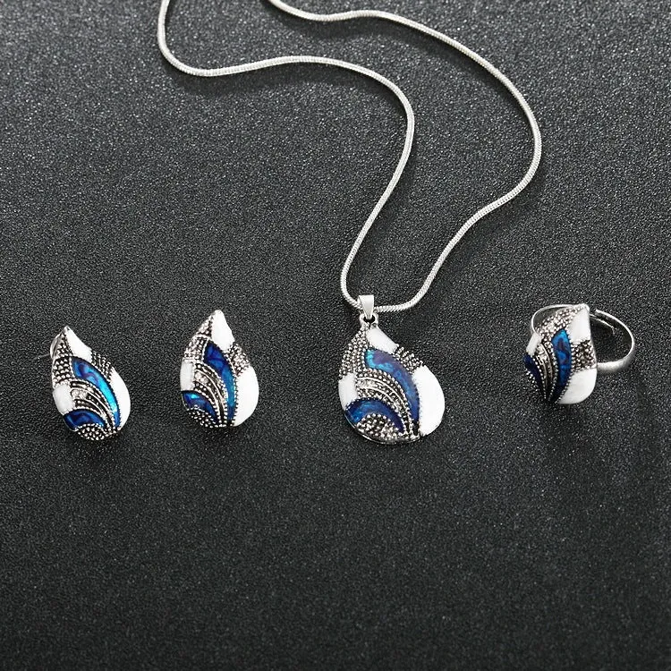 Water drop jewelry set including necklace, earrings, and ring in gold colour finish