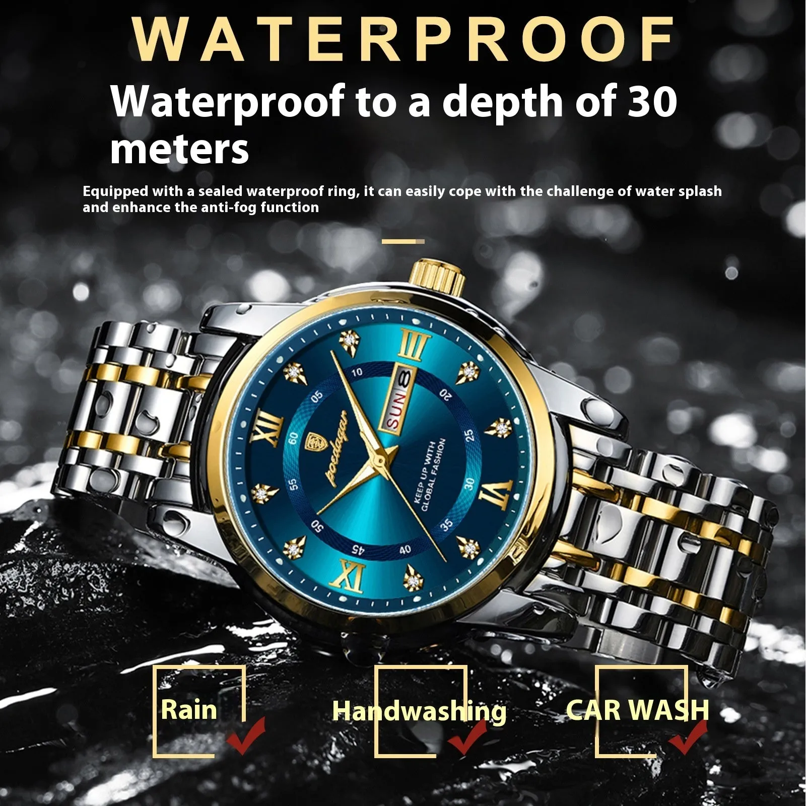 Waterproof men's quartz watch with double calendar, luminous hands, 41mm dial, stainless steel strap, black shell surface