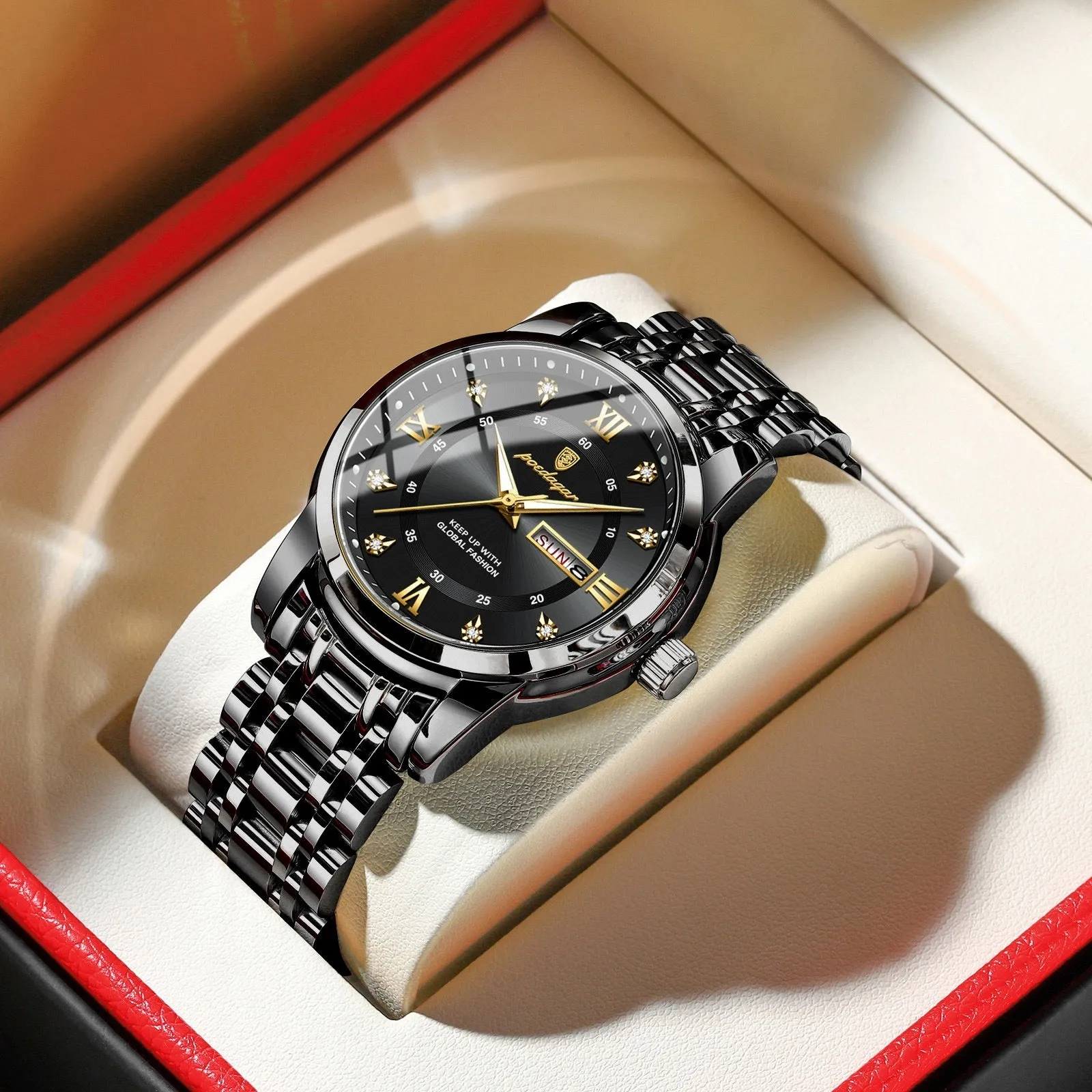 Waterproof men's quartz watch with double calendar, luminous hands, 41mm dial, stainless steel strap, black shell surface