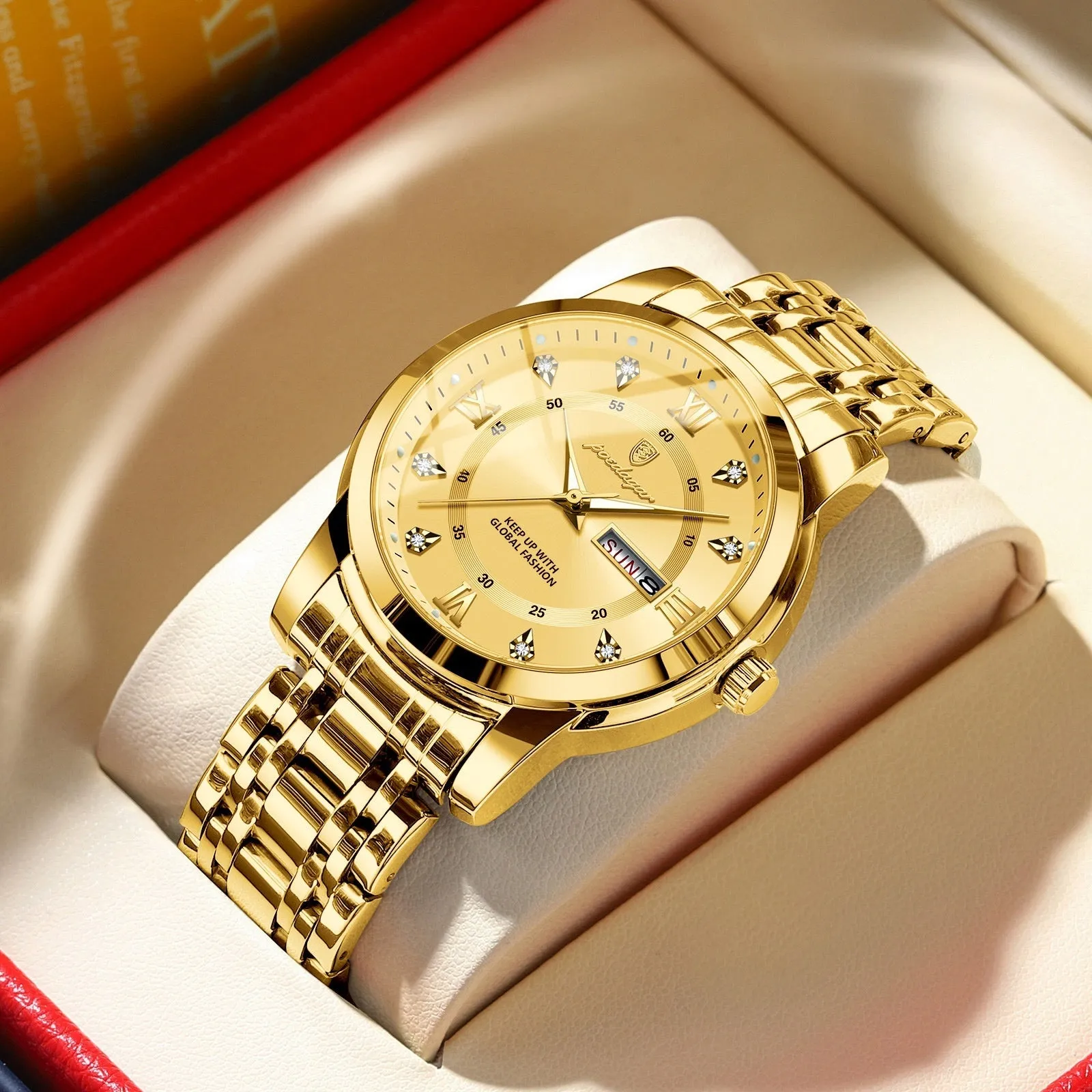 Waterproof men's quartz watch with double calendar, luminous hands, 41mm dial, stainless steel strap, black shell surface