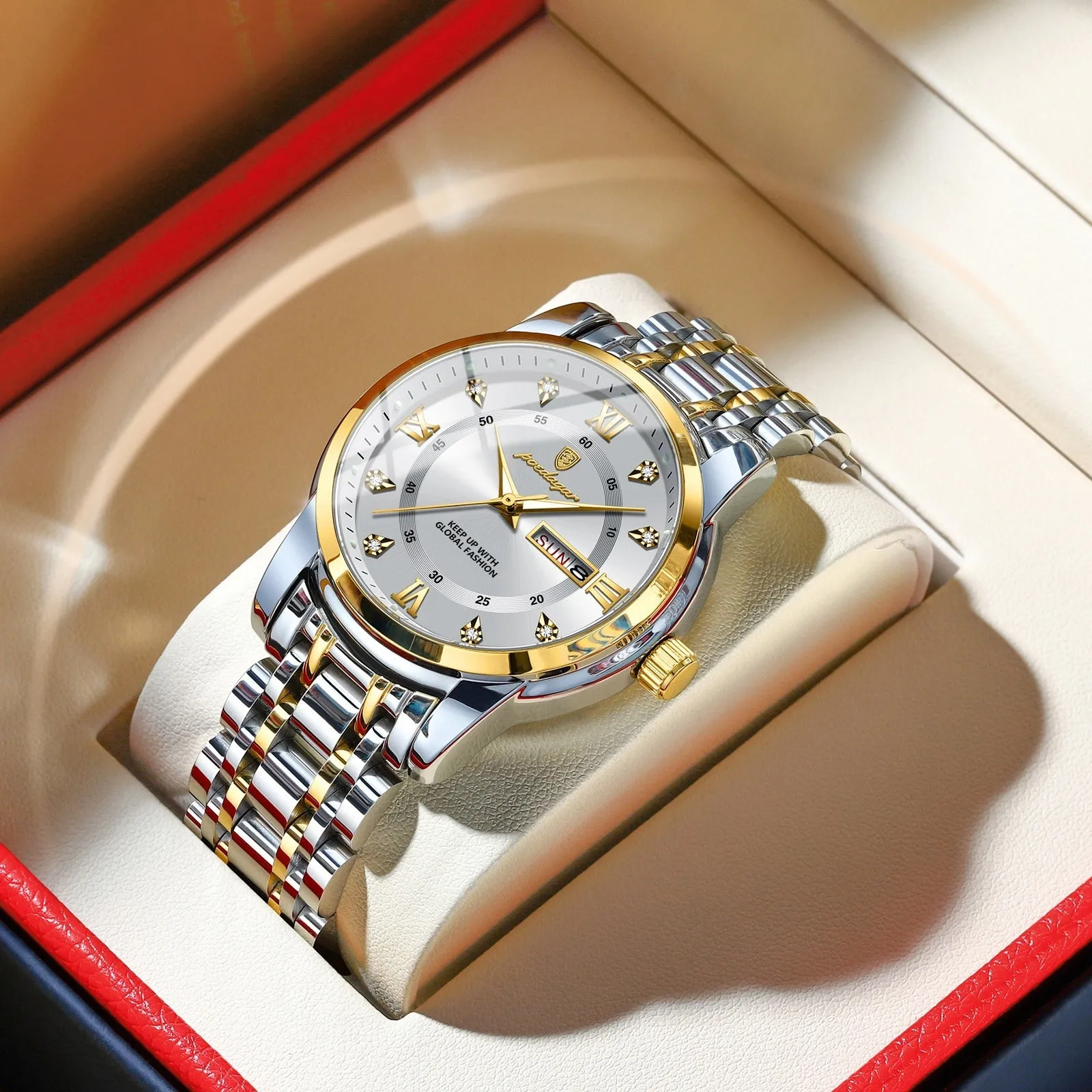 Waterproof men's quartz watch with double calendar, luminous hands, 41mm dial, stainless steel strap, black shell surface